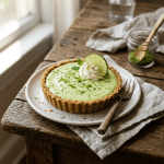 Creamy lime tart with whipped cream and lime zest on a plate with fork