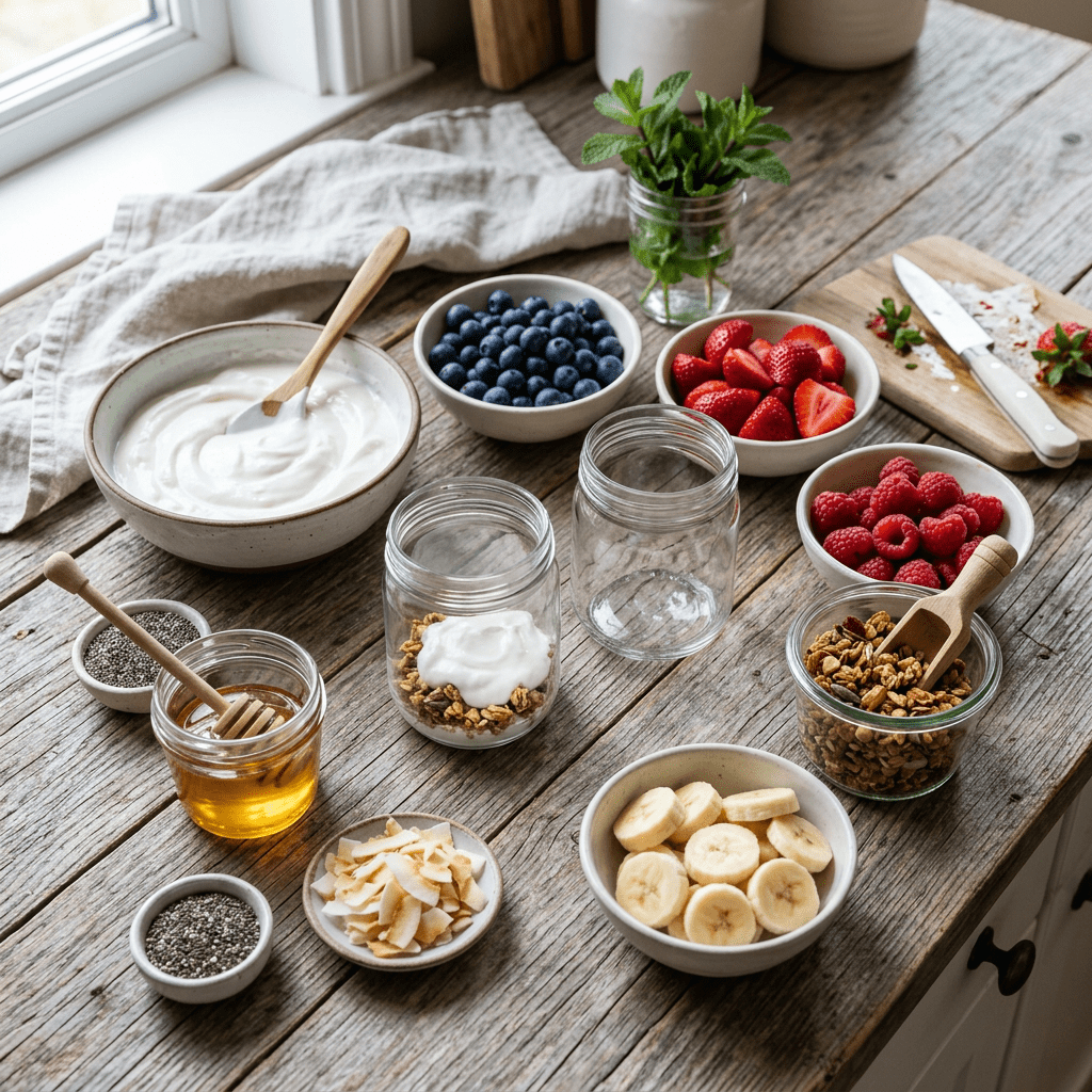 ingrediente desert la pahar cu iaurt si fructe