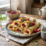Crepes filled with creamy custard and assorted fresh berries on a plate